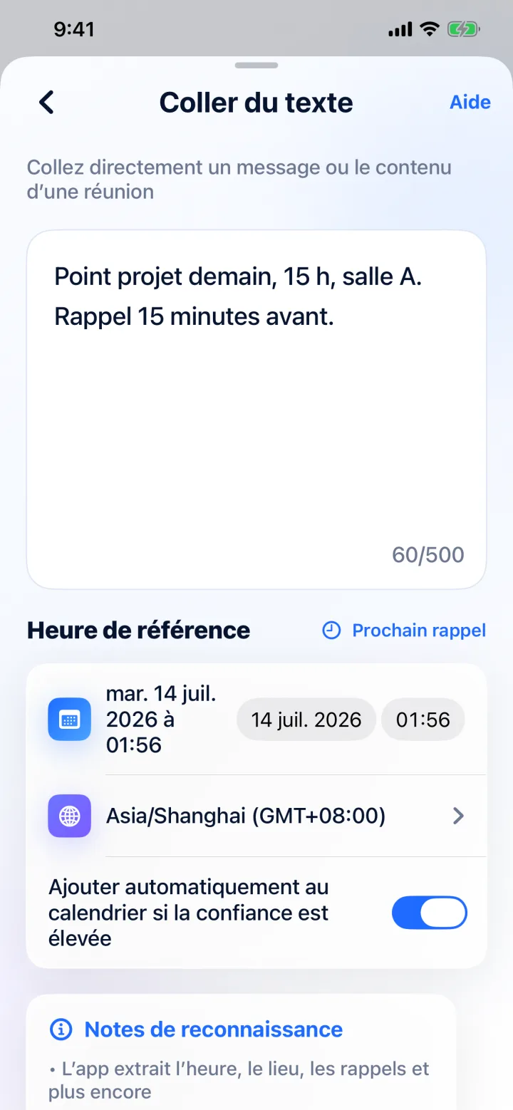 Structurez date, heure, lieu et rappel