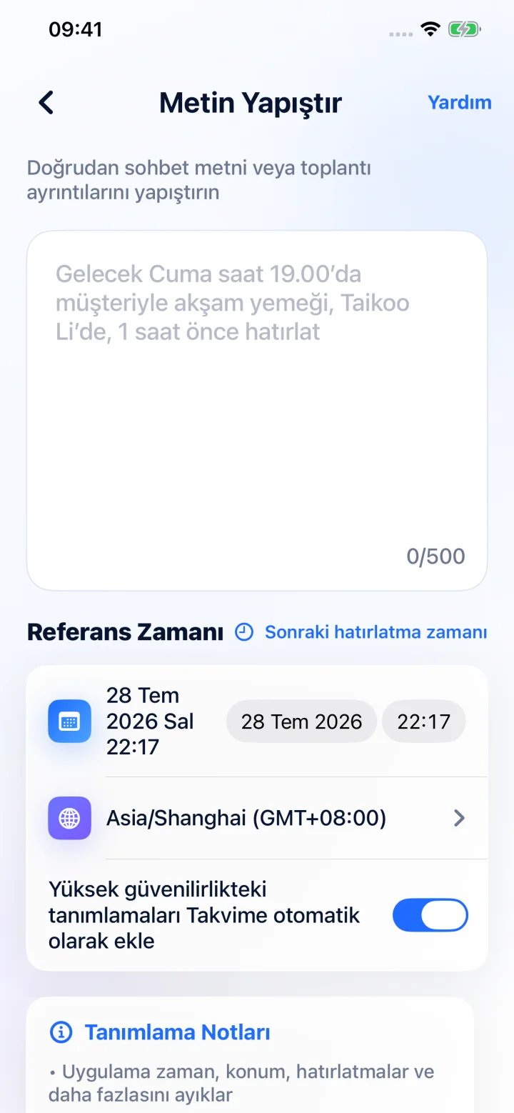 AI tarih, saat, konum ve hatırlatmayı yapılandırır